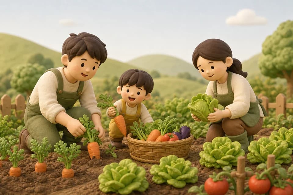 가족이 함께 수확하는 캐먹 일러스트